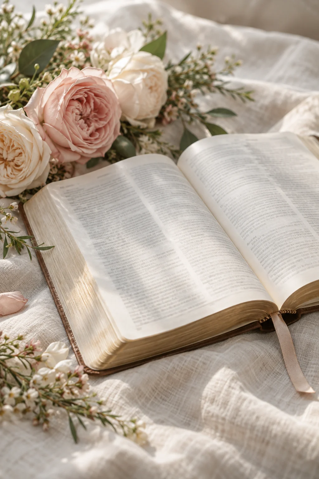 An open Bible with garden roses on ivory linen in soft morning light