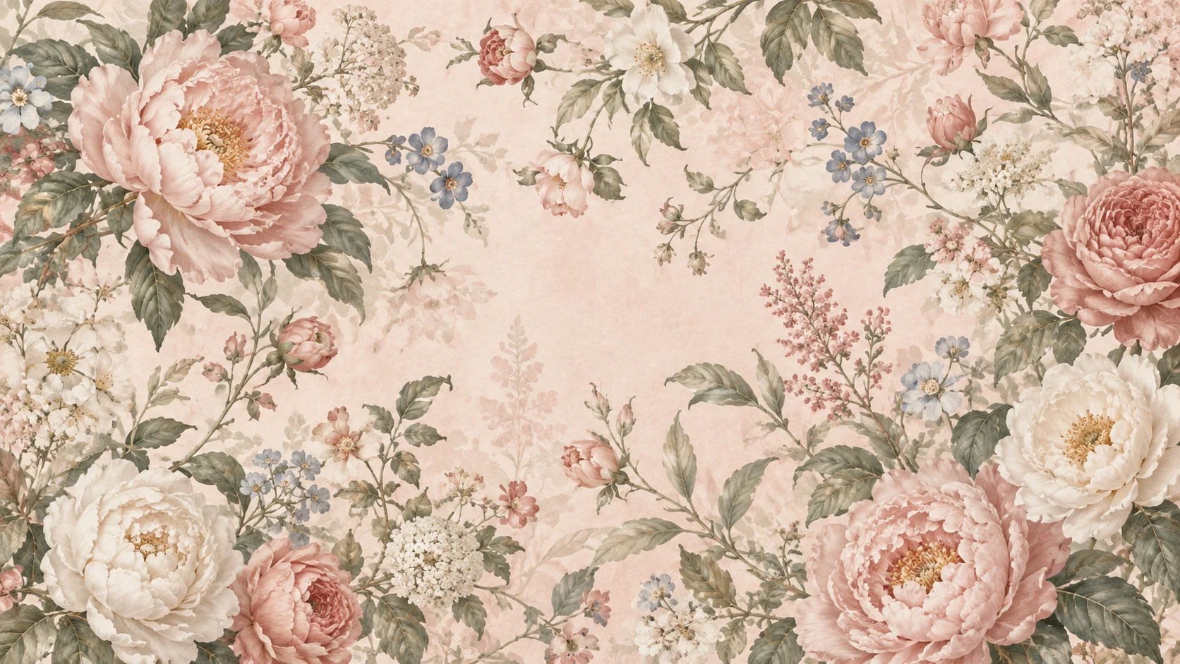Blush and ivory garden flowers on softly textured botanical wallpaper