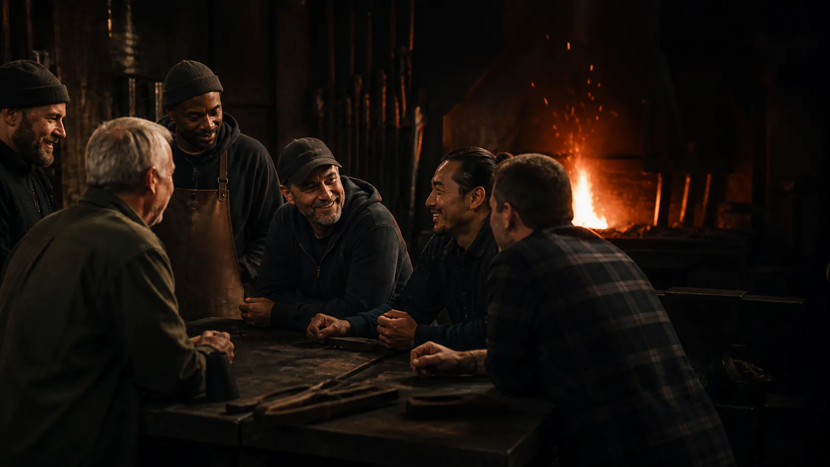 A diverse group of men building friendship around a workshop table