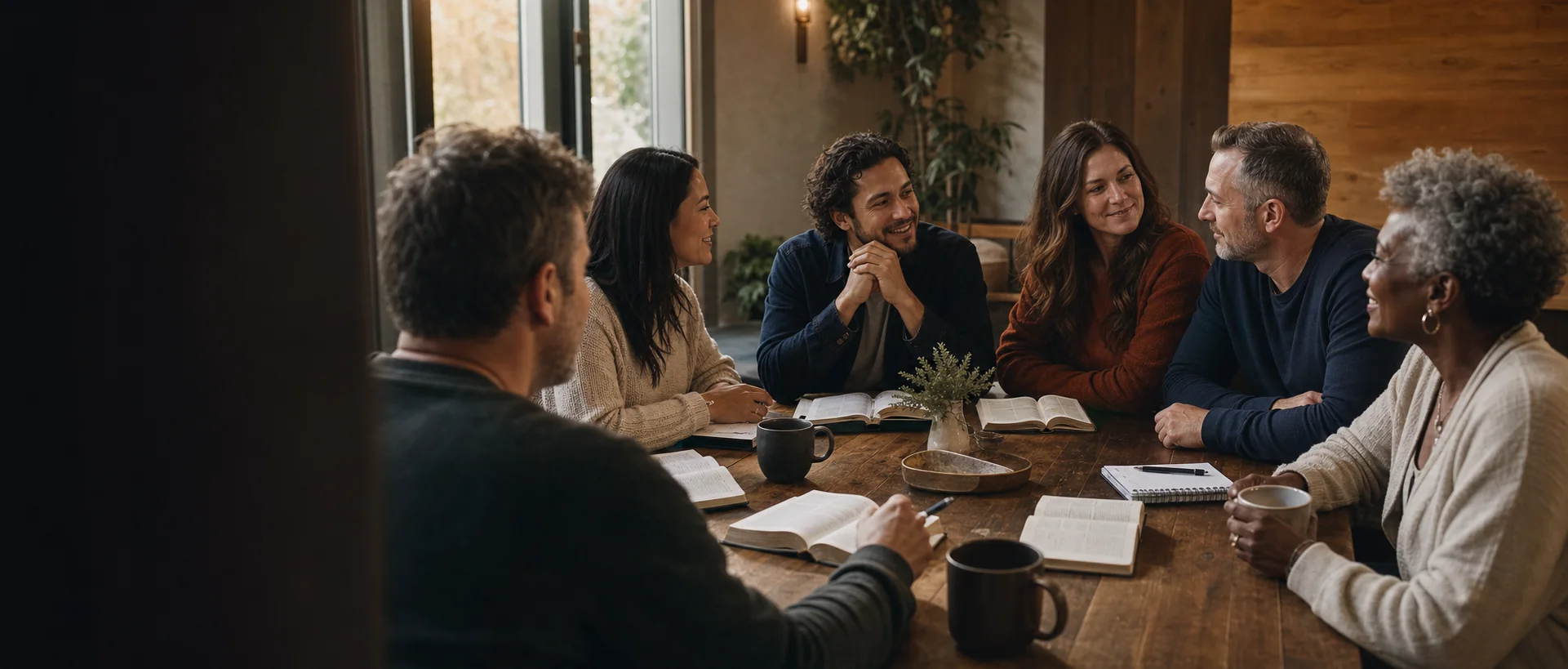 Adults gathered around a table for a Rooted small group
